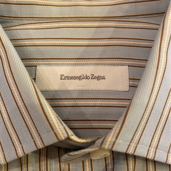 ERMENEGILDO ZEGNA Men’s Luxurious Button Down Blue White Brown Striped Shirt L - Picture 2 of 7